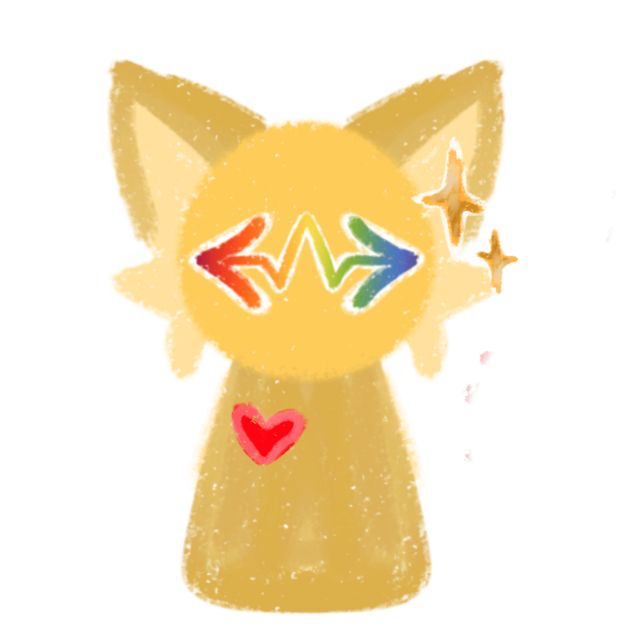 a yellow cat-like with the schizospec symbol in rainbow on its face, they have sparkles next to them on the right and a pink heart on their chest